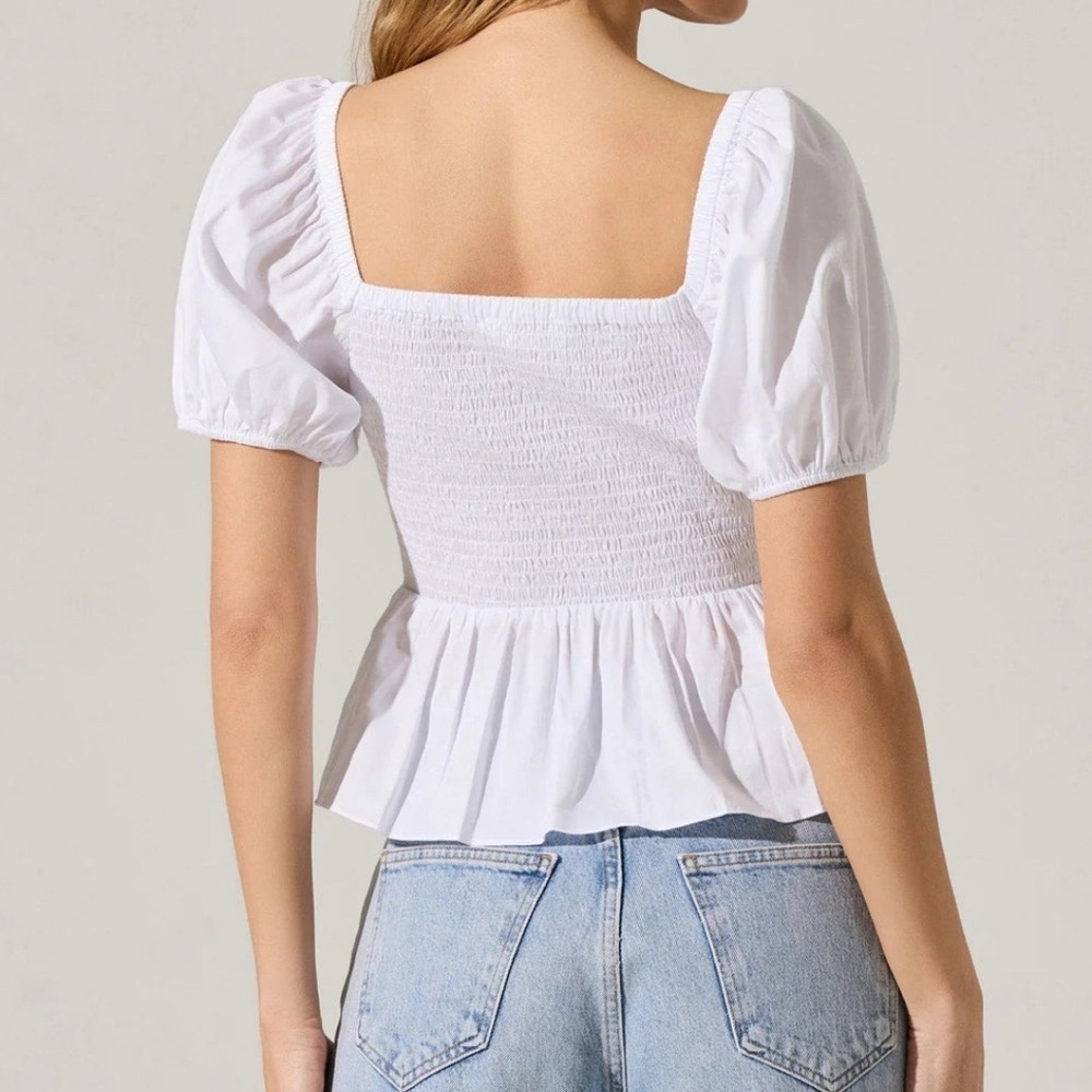 Astr White Peplum Puff Sleeve Tie-Front Blouse - Picture 4 of 8